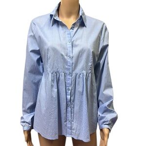 Ninety Cotton Pleated Peplum Button Up Collared Long Sleeve Blue Blouse Large